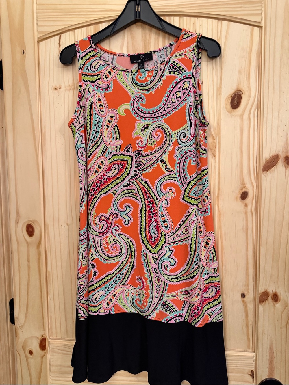 Ronni Nicole Orange Multicolor Paisley Tank Dress with Black Hem